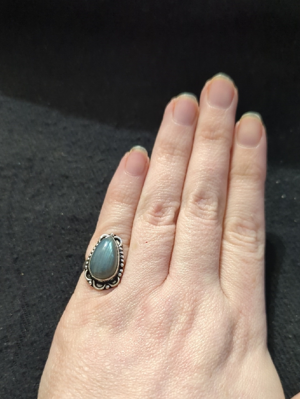 Silver Plated Grey Labradorite Gemstone Dainty Teardrop Statement Ring - Size 4